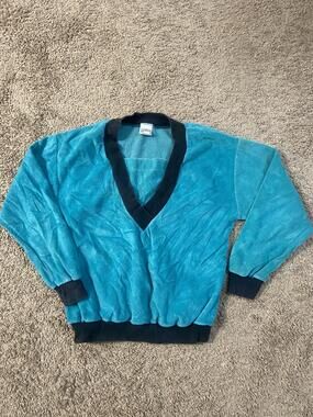 Vintage Hampton Sport Sweater Mens Medium Teal V Neck Velour Pullover 80s
